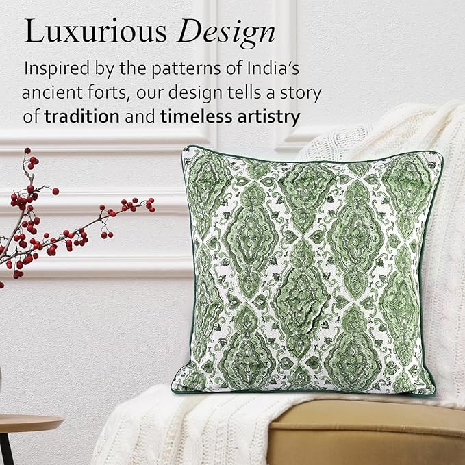 CPC Laurel Green Block Print Throw Cushion Cover 18 x 18 Inch Set 2 - Decorative Boho Floral Pillow Case for Living Room, Bed, Sofa, Couch, Home Decor Cushion Cover Gift for Spring, Mother's Day