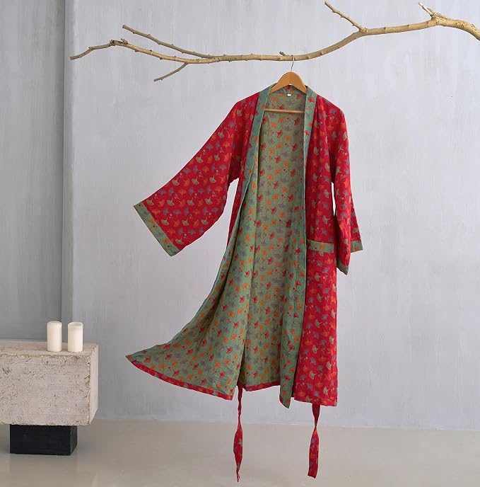 100% Cotton Gauze Ginkgo Leaf Kimono Robe, Long Knit Loose Bathrobe Nightgown Ladies Loungewear Sleepwear for Women
