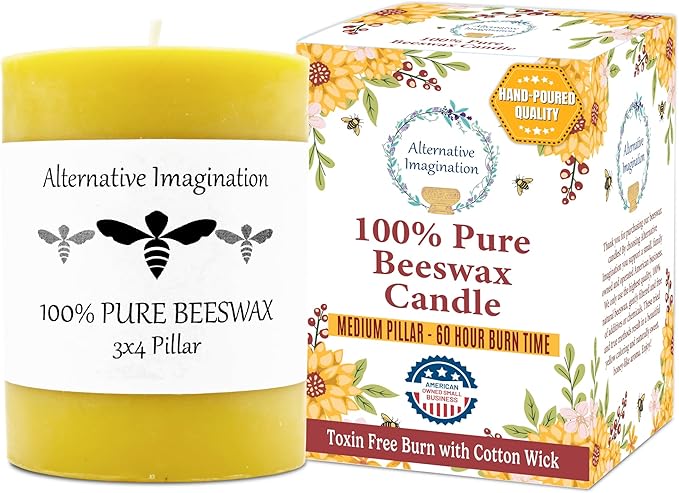 100% Pure Beeswax Candle – Long Lasting Burn – Non-Toxic & Hypoallergenic – Natural Honey Aroma – Handcrafted – Sustainably Sourced – Alternative Imagination – 3x4 Inch – Natural Yellow