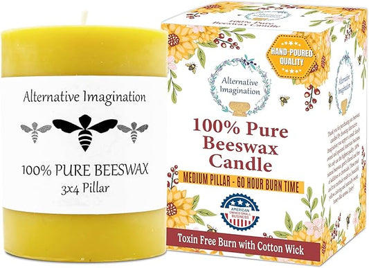 100% Pure Beeswax Candle – Long Lasting Burn – Non-Toxic & Hypoallergenic – Natural Honey Aroma – Handcrafted – Sustainably Sourced – Alternative Imagination – 3x4 Inch – Natural Yellow
