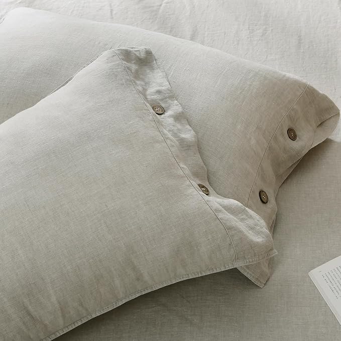 S VICTORY SYMBOL 100% Organic Linen Duvet Cover Set King Size 3pcs,French Washed Flax Solid Color Bedding(1 Duvet Cover &2 Pillowcases) with Coconut Button Closure(Natural Linen)
