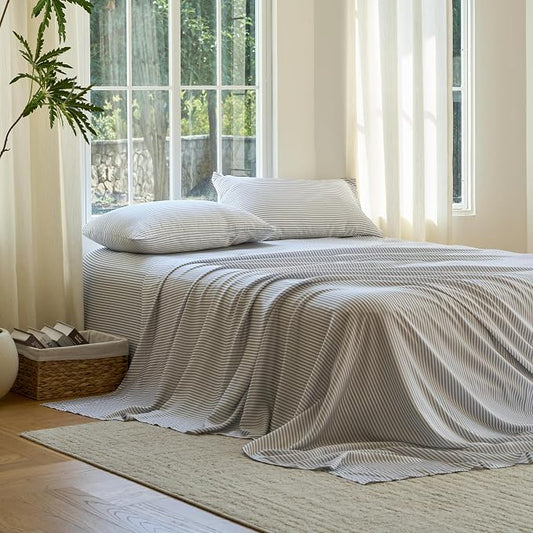 DOZ Sheet Set, 100% Viscose derived from Bamboo, Organically Grown, Buttery Soft, Cooling Sheets, High GSM, Deep Pockets - 3 Piece - 1 Pillowcase 1 Fitted 1 Top Sheet (Stripe, Twin XL)