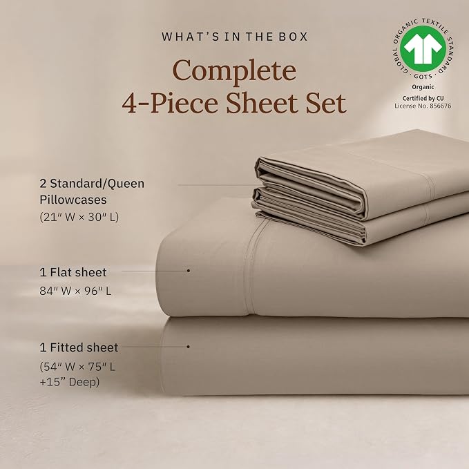 California Design Den 100% Organic Cotton Sheets Full Size Set - Soft and Lightweight Sateen, Deep Pocket Organic Full Sheets, Durable Bedding - Warm Taupe