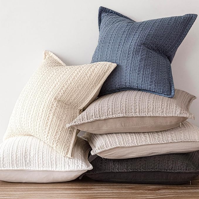 Foindtower Set of 2 Decorative Cotton Waffle Weave Throw Pillow Covers Euro Shams Cushion Covers Accent European Pillowcase for Bed Couch Sofa Bedroom Living Room Home Decor 20×20 Inch Blue