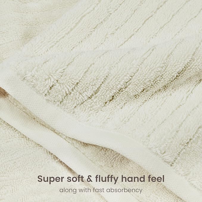 BIOWEAVES 100% Organic Cotton 6-Piece Luxury Bathroom Ribbed Towel Set GOTS Certified 700 GSM, 2 Bath Towel, 2 Hand Towel & 2 Wash Cloths - Ivory
