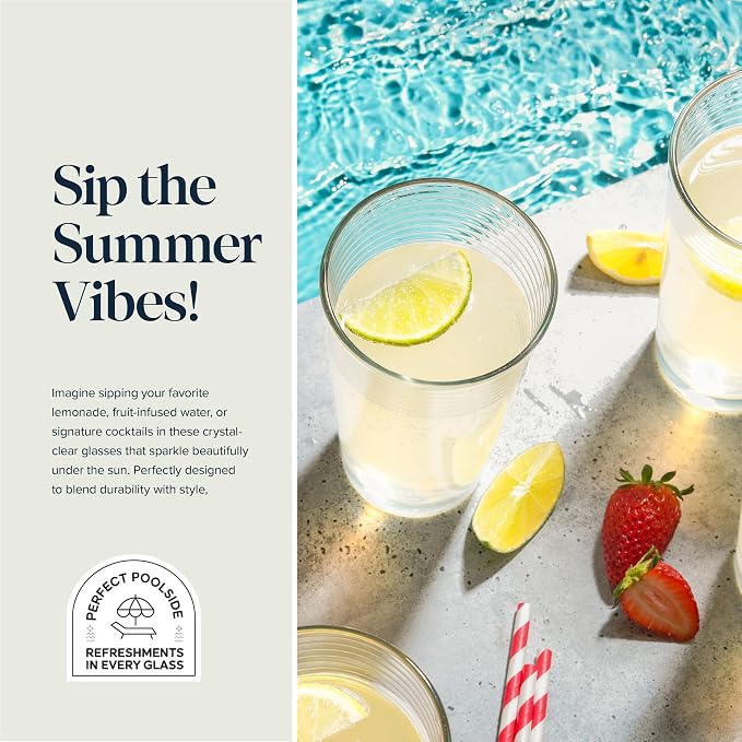 Glaver's Drinking Glasses Set of 10 Highball Glass Cups, Premium Quality 17 Oz. Coolers, Ribbed Glassware. Ideal for Water, Juice, Cocktails, and Iced Tea. Dishwasher Safe.