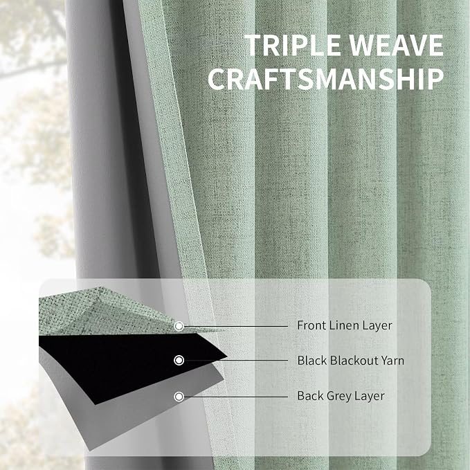 CUCRAF Linen 100% Blackout Curtains 84 Inch Length 2 Panels Set, Back Tab and Rod Pocket Curtain for Living Room Bedroom, Room Darkening Window Drapes Thermal Insulated, (52x84 inch, Sage Green)