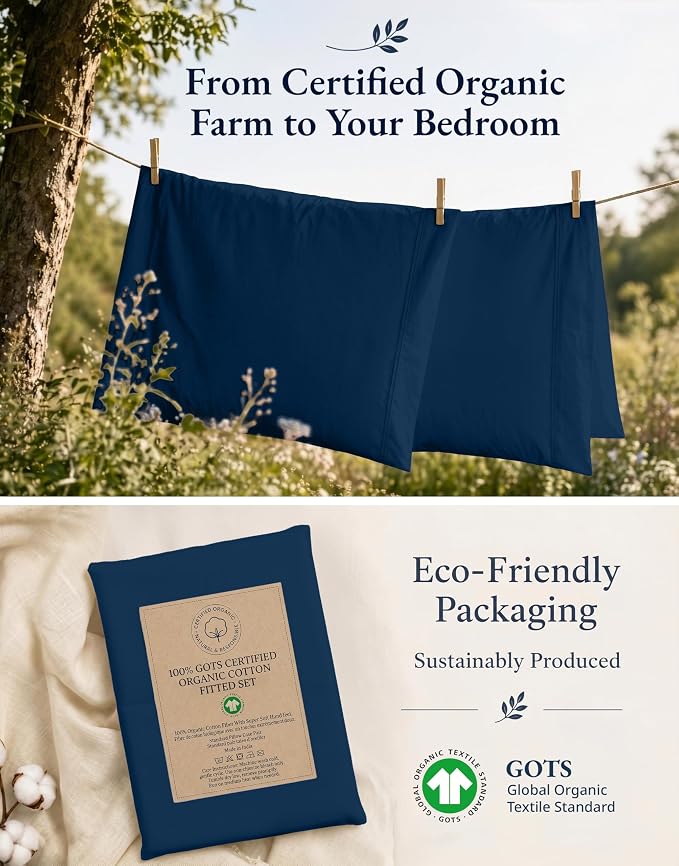 LANE LINEN Fitted Sheet, 100% Organic Cotton Fitted Bed Sheets, Soft & Comfy Naturally Cooling Eco Friendly All Weather Fitted Sheets Queen Fits Mattress Upto 15" Deep- Navy (Cases Included)