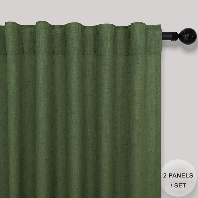 Pitalk Olive Green Curtains 96 Inches 8 FT Long for Living Room 2 Panels Back Tab Pocket Drape Thick Sheer Linen Cotton Modern Rustic Trendy Earthy Army Moss Green Curtain for Bedroom Farm House Decor