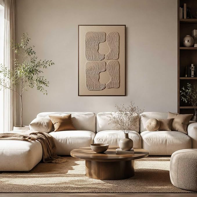 3D Textured Wall Art for Living Room, 1 Piece Wabi Sabi Abstract Sandstone Relief Artwork with Solid Catalpa Wood Frame, Minimalist Abstract Pictures for Hallway Entryway, Warm Oatmeal Beige, 24x36 In