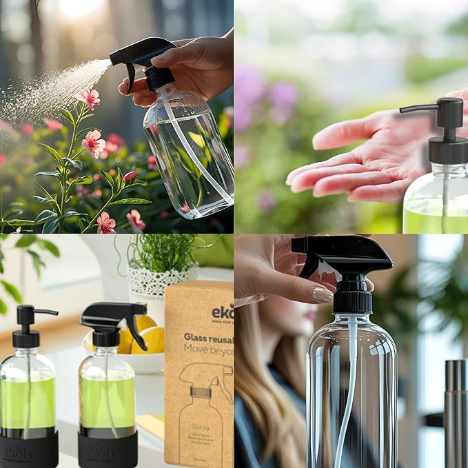 EKOH 2 Pack Glass Countertop Soap Dispensers - Refillable & Reusable with Silicone Protective Base and Preprinted Labels - for Kitchen and Bathroom (Clear)