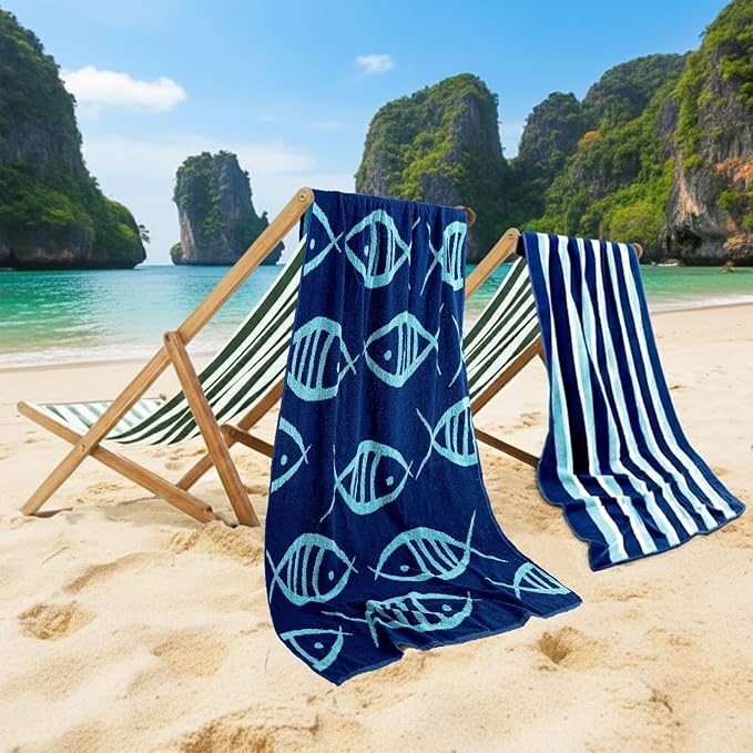 CASA COPENHAGEN Miami 6Pcs 100% Egyptian Cotton Designer Towels Gift Set- Fish Navy + Turquoise Stripe, 600GSM,2Bath2Hand2Washcloths,Bath Towels for Bathroom (Box Pack, Set for Women & Men)