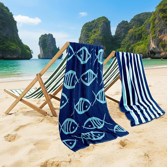 CASA COPENHAGEN Miami 6Pcs 100% Egyptian Cotton Designer Towels Gift Set- Fish Navy + Turquoise Stripe, 600GSM,2Bath2Hand2Washcloths,Bath Towels for Bathroom (Box Pack, Set for Women & Men)
