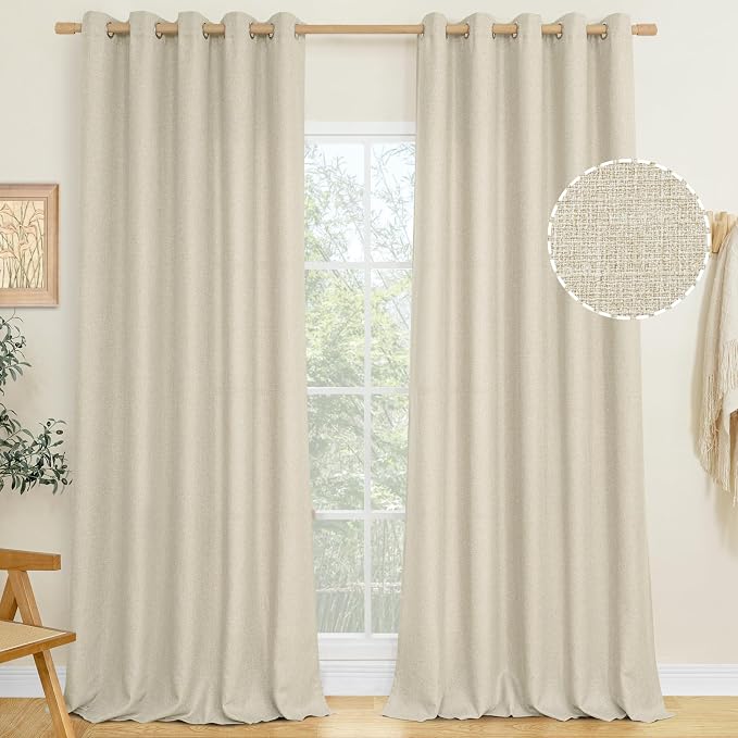 LAMIT Natural Beige Linen Curtains for Bedroom, 84 inches Grommet Thermal Insulated Thick Burlap Farmhouse Neutral Curtains Noise Reducing Light Filtering Drapes for Living Room, 2 Panels, W60 x L84