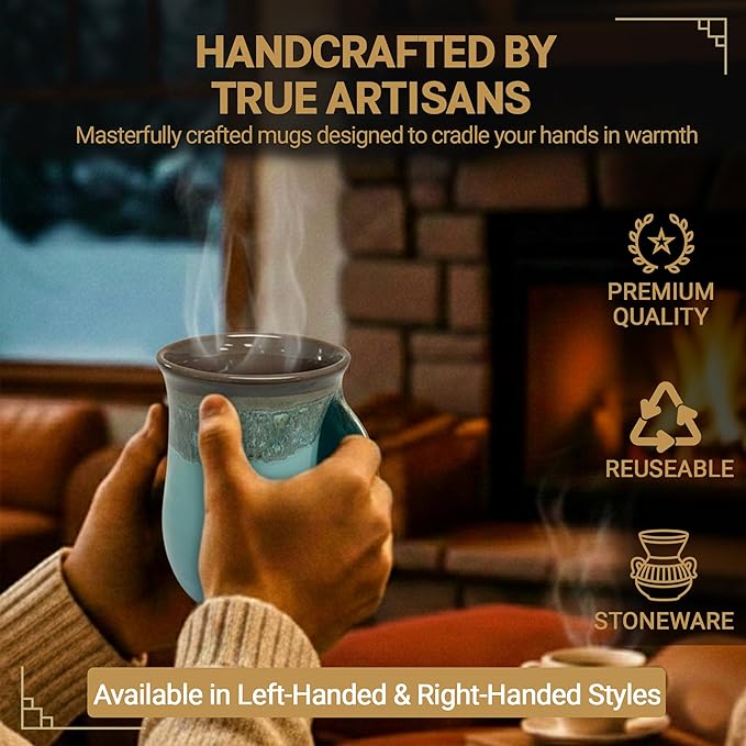 Clay in Motion Hand Warmer Coffee Mug – Handmade Coffee Mug With Comfortable Handle Contoured Pocket Hand Warming Ceramic Coffee Mug – Proudly Made in USA – Right Handed – 14 Oz - Ocean Tide
