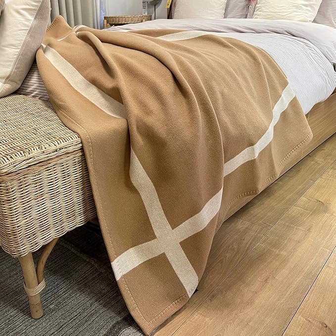 Wool Blanket & Throws 90% Wool Warm Blanket Soft Couch Blankets 75"x55" Twin Throw Blankets for Living Room, Camping, Outdoors, or Car Travel with Exquisite Box for Gift (Camel)