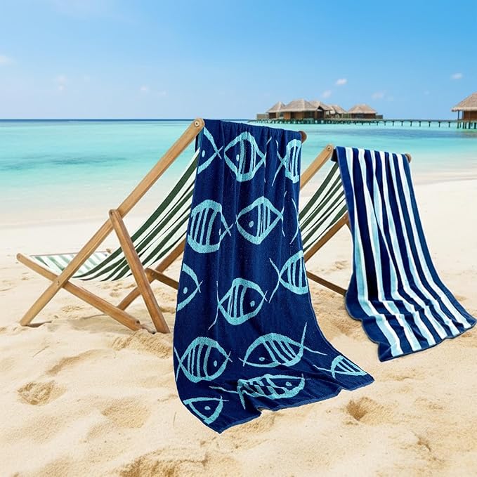 CASA COPENHAGEN Miami Towel 2Pcs Fish Indigo - Indigo Stripe Designer Stripe Beach Towels Gift Set, 35"x70" Oversized 100% Cotton Pool Bath Towel for Beach Gift Set (Summer Gift Set for Women & Men)