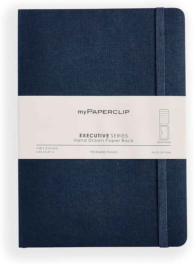 myPAPERCLIP Executive Series A5 Ruled Notebook | 192 Pages, 80 GSM, Soft Cover, A5 (5.83 x 8.27 in) | Flat Lay | Bookmark, Elastic Closure & Back Pocket | Blue