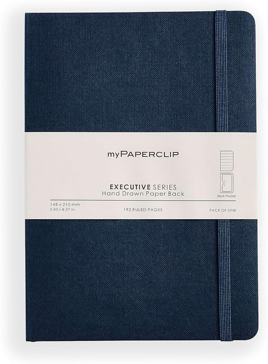 myPAPERCLIP Executive Series A5 Ruled Notebook | 192 Pages, 80 GSM, Soft Cover, A5 (5.83 x 8.27 in) | Flat Lay | Bookmark, Elastic Closure & Back Pocket | Blue