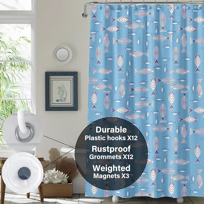 Plastic Shower Liner - Premium PEVA 6G Shower Curtain Liner with Rustproof Grommets and 3 Weighted Magnets, Waterproof Shower Curtains for Bathroom (Shoal of Fish, 72" x 72")
