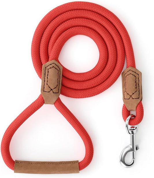 Mile High Life Leather Dog Leash, Heavy Duty Strong Genuine Leather Handle Rope Leash Soft and Comfortable for Small Medium Large Dogs (Red, 72 Inch)
