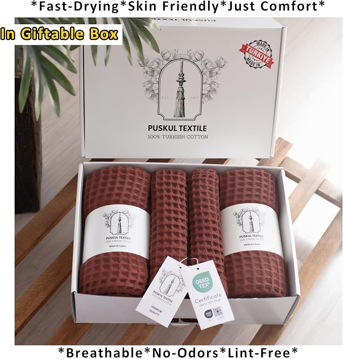 PÜSKÜL 4-Piece Natural 100% Turkish Cotton Luxury Waffle Towels for Bathroom | Premium Quality Honeycomb Weave 2 Hand Towel & 2 Bath Towel Set | Soft Absorbent Quick-Dry Lightweight Towels (Brick)