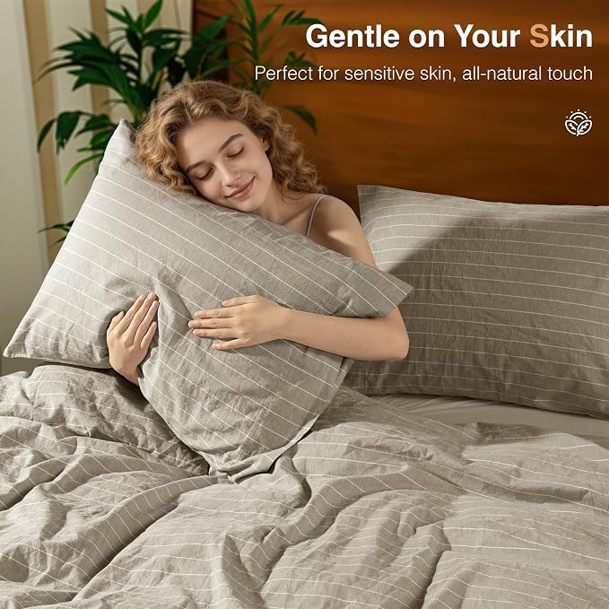 SONORO KATE 100% French Linen Duvet Cover Queen Size, Soft Breathable for Hot Sleepers, Moisture Wicking & Durable Cover Set - Zipper Closure & 4 Corner Ties Duvet Covers 3 PC (Linen & White Stripes)