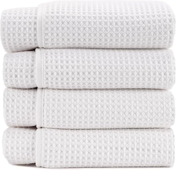 S&T INC. Aura Microfiber Waffle Bath Towels, 4 Pack, Quick-Dry, Ultra Absorbent, Lightweight Towels for Bathroom, 30 inches x 60 inches, 420GSM, White