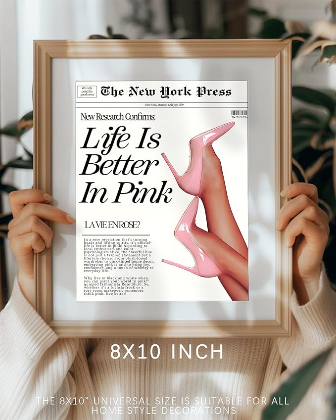 Vodefoad Trendy Newspaper Wall Art Prints Life Is Better In Pink Poster Pink Prints For Room Disco Poster for Teen Girly Bedroom Apartment, Bar Cart decor -8x10 Unframed