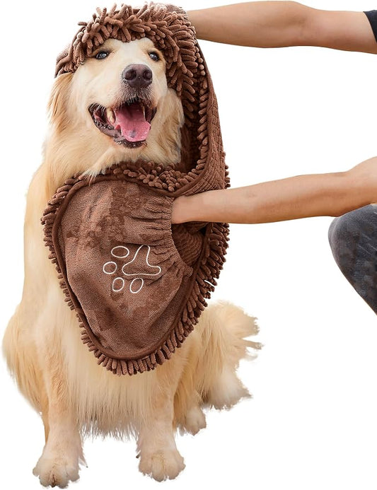 Dog Towel Microfiber, Coffee | Super Absorbent, Fast Dry, Hand Pockets, Large & Small Dogs, Machine Washable
