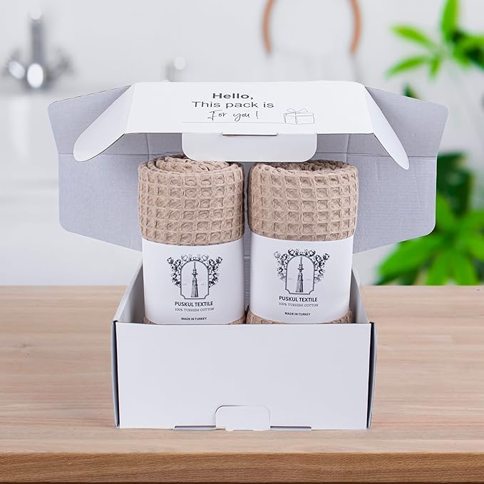 PÜSKÜL Pack of 2 Waffle Bath & Spa Towels - Premium 100% Turkish Organic Cotton - Quick Dry Thin Bath Towel for Bathroom - Made in Turkey (Beige, 32x63 inch)