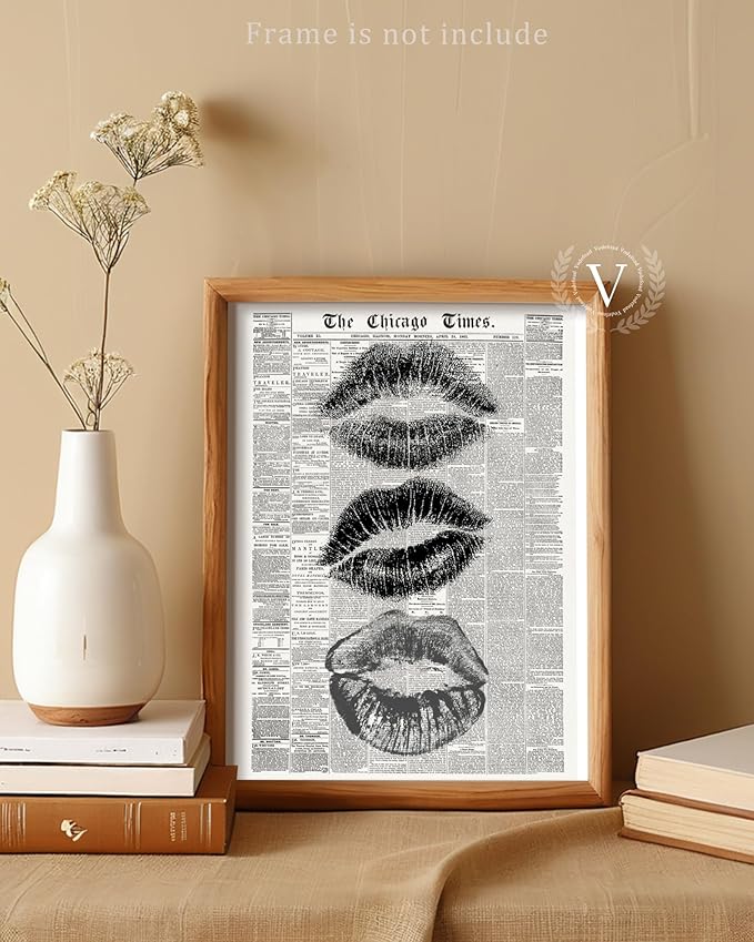 Vodefoad Trendy Newspaper Kiss Lips Wall Art Canvas Prints Disco Poster for Teen Girly Bedroom Apartment Vintage Black & White Newspaper Wall Dec Bar Cart decor -8x10 Unframed