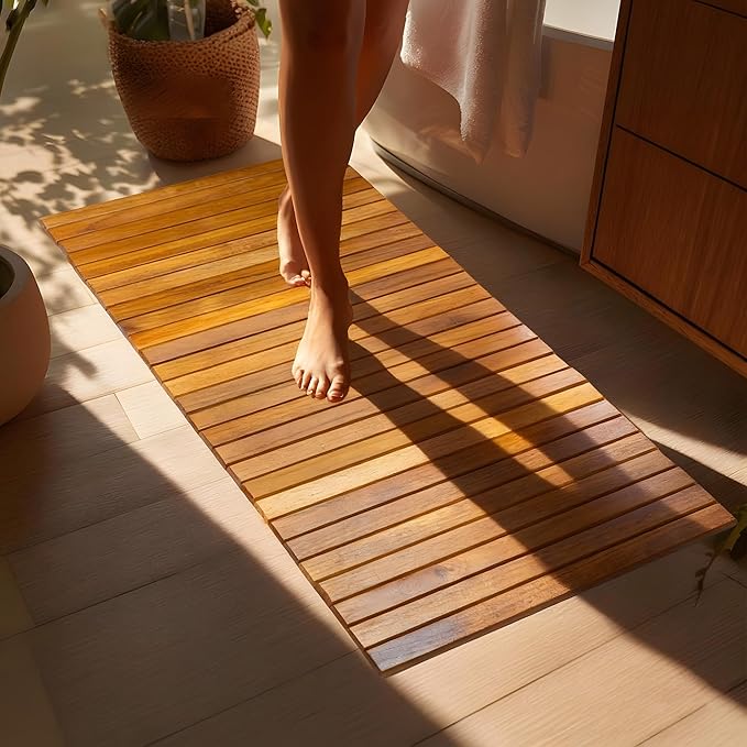 Utoplike Teak Wood Kitchen Mat with Non-Slip Rubber Backing, Roll-Up Wooden Floor Mats for Standing at Sink, Stove, or Counter, Easy Clean for Entryway or Laundry Room