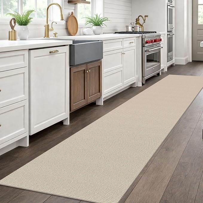EARTHALL Woven Runner Rug 2.6x10 Ft Washable Runners for Hallways Long Non Slip Rubber Backed Kitchen Runner Braided Indoor Floor Carpet Runners for Entryway, Hallway, Kitchen, Beige/Ivory