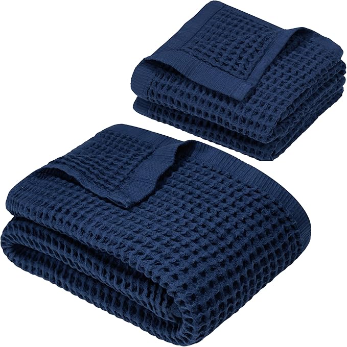 DEMMEX Organic Cotton Waffle Weave Turkish Towel Set for Bathroom, 1 Bath & 2 Large Hand Towels, 100% Oeko-TEX Certified Premium Turkish Cotton, Super Soft Lightweight Quick Dry (Navy Blue)