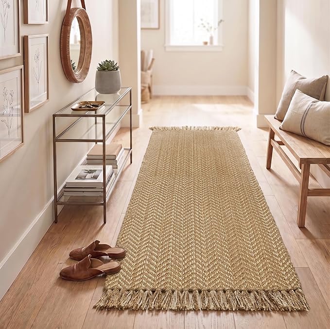 Chevron Weave with Fringes Woven Runner Rug 2x6 Feet - Beige, Boho Farmhouse Polyester Fibre Area Runners for Hallways, Kitchen, Living Room | Brown Reversible Corridor Space Large Floor Décor Mat