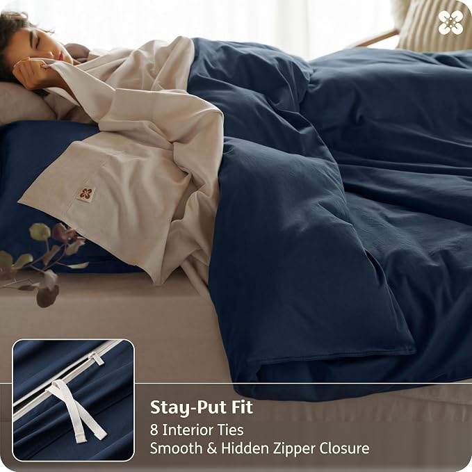 Bedsure GOTS Organic Cotton Queen Duvet Cover Set, Navy Blue, 90" x 90" | for Sensitive Skin—8 Interior Ties Keep Insert Secure, Hidden Zipper, Breathable Comfort in Ivory with 2 Pillow Shams