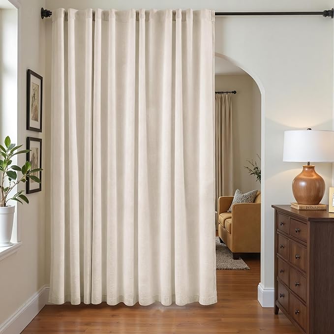 jinchan Extra Wide Sliding Door Curtain 84 Inch Length with White Privacy Lining Natural Linen Lined Curtains for Patio Door Living Room Bedroom Light Filtering Drapes 100 Inches Wide 1 Panel