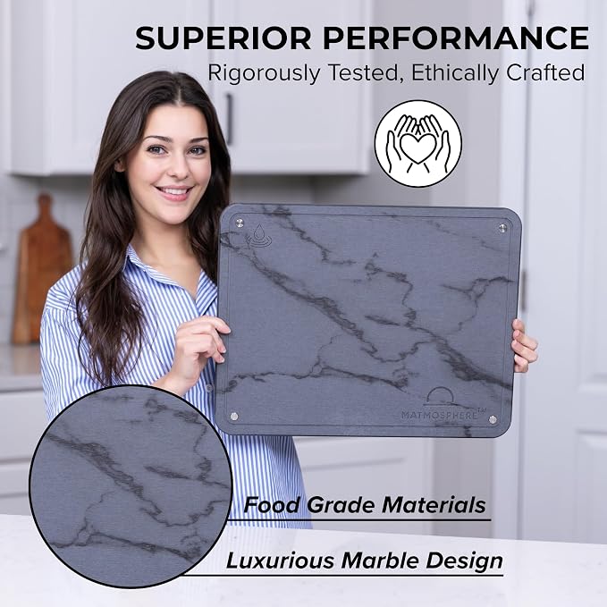 LARGE MATMOSPHERE Stone Dish Drying Mat for Kitchen Counter – Fast Absorbing Diatomaceous Mat with Stainless Steel Legs, Quick Dry, Dish Rack Mat, USA Small Business, 18”x14”, Gray Marble