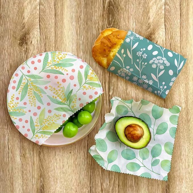 Reusable Beeswax Wraps, 9 Pack Eco-Friendly Food Storage, Organic Cotton, Sustainable, Zero Waste, Plastic-Free, Sandwich, Snack, Bowl Covers, 1XL, 3M, 5S, Botanical Leaves & Flowers