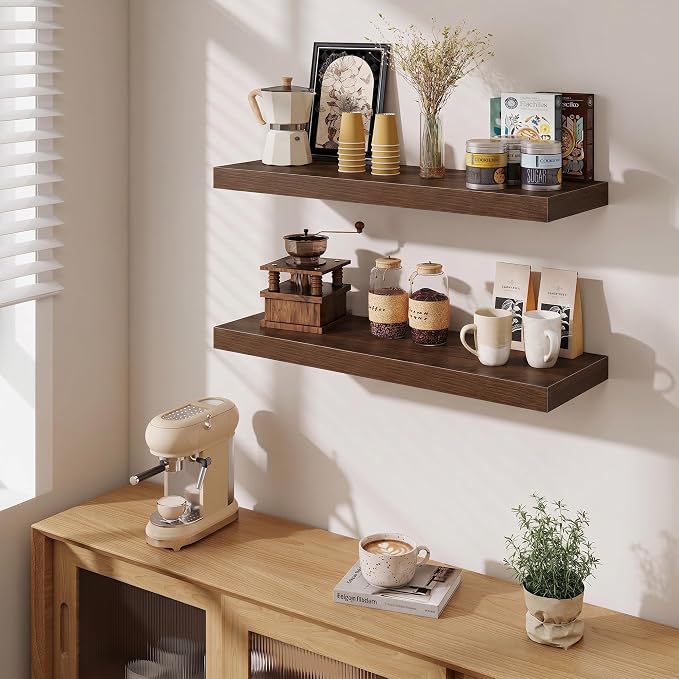 Fun Memories Floating Shelves for Wall, 32 Inch Long Floating Shelves Set of 2, 32 x 10 Wooden Shelves for Wall, Large Storage Shelves, Hanging Shelves for Bathroom Kitchen Bedroom, Walnut
