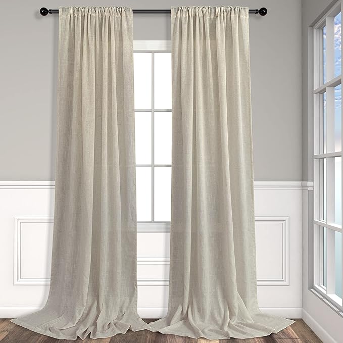 Flax Linen Curtains 96 Inches Long for Bedroom 2 Panels Back Tab Pocket Primitive Burlap Farmhouse Drape Sack Tweed Canvas Cloth Look Semi Sheer Tan Beige Curtains for Living Room Neutral Earth Tone