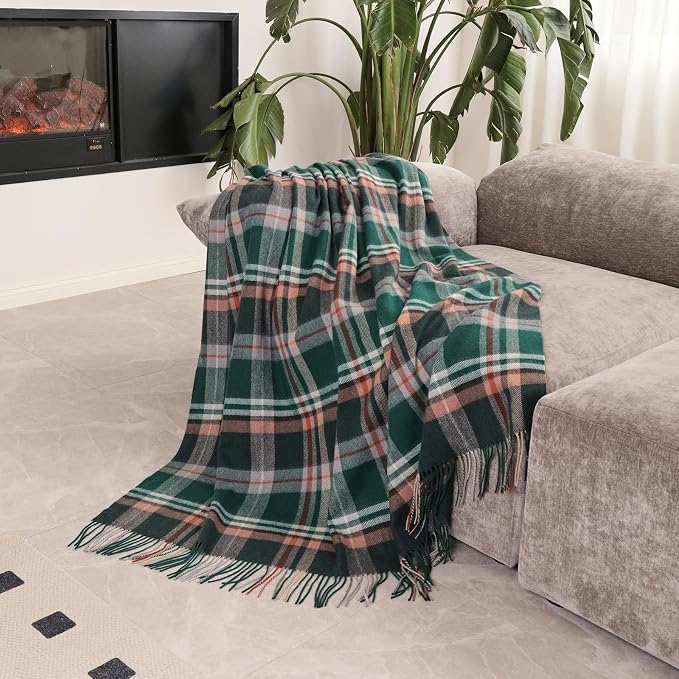 Woolly Throw Pure Wool Blanket - Large 55x83 inches, 1.5 lbs,Wool Fringed Knee Throw Blanket for Couch Bed Outdoor Travel,Soft Lightweight Breathable Blanket for All Season,Green Check
