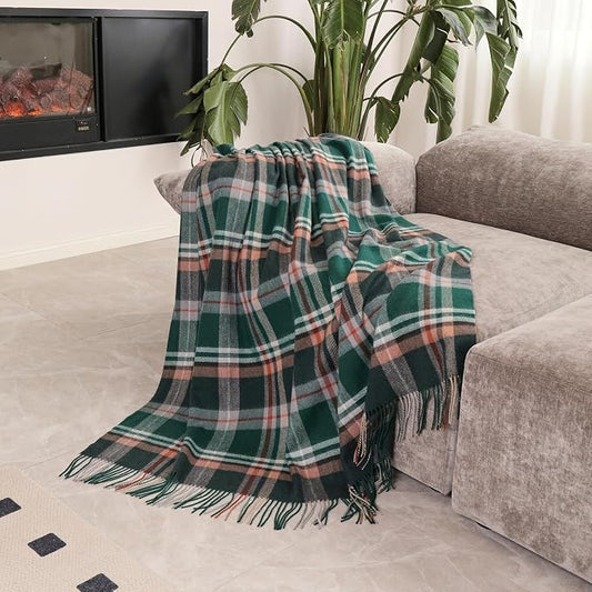Woolly Throw Pure Wool Blanket - Large 55x83 inches, 1.5 lbs,Wool Fringed Knee Throw Blanket for Couch Bed Outdoor Travel,Soft Lightweight Breathable Blanket for All Season,Green Check