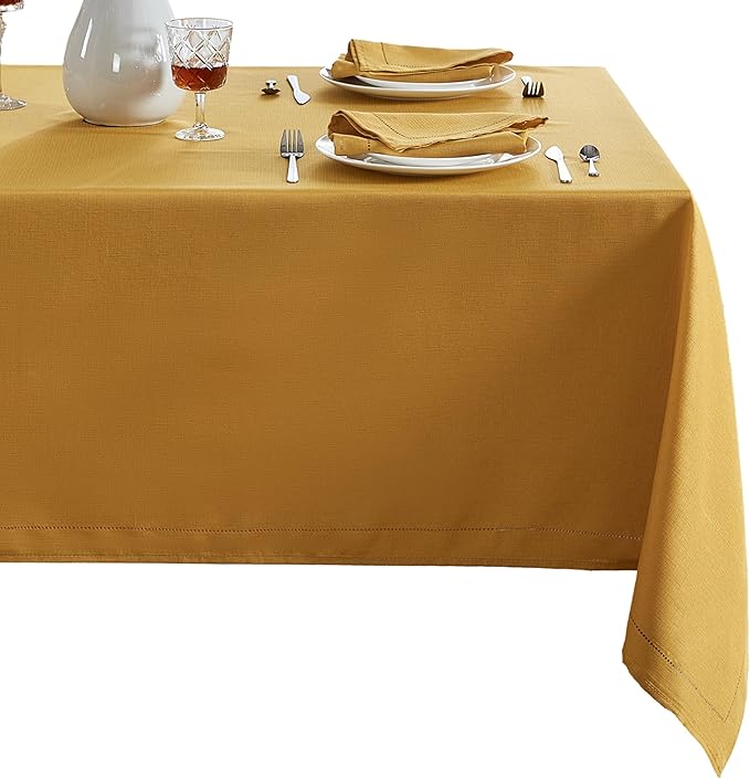 Elrene Home Fashions Alison Eyelet Border Design Wrinkle Resistant Fabric Tablecloth, 60"x84" Rectangle, Golden Yellow