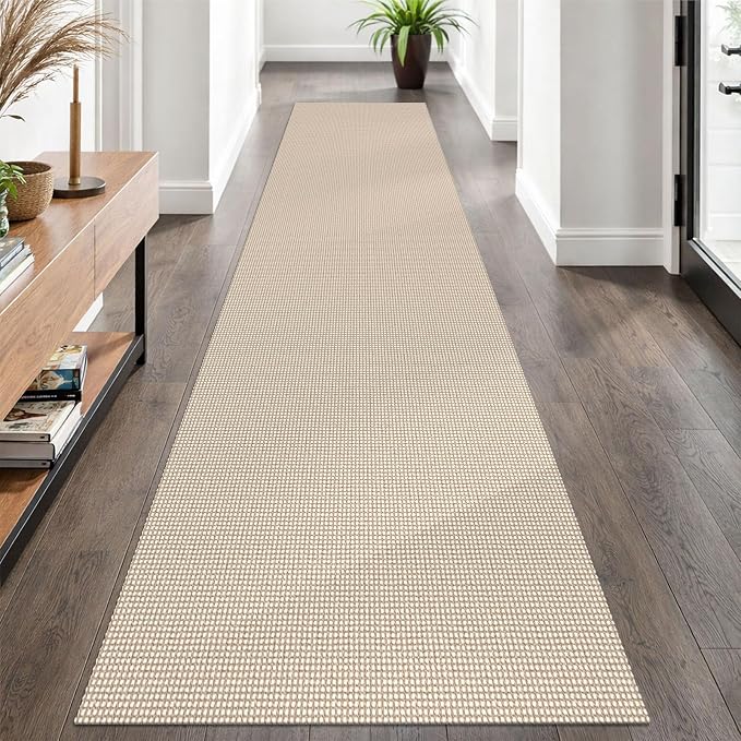 EARTHALL Woven Runner Rug 2.6x10 Ft Washable Runners for Hallways Long Non Slip Rubber Backed Kitchen Runner Braided Indoor Floor Carpet Runners for Entryway, Hallway, Kitchen, Beige/Ivory