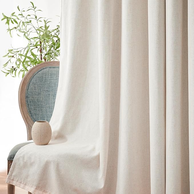jinchan 100% Blackout Curtains 84 Inch Length 2 Panels Set Thermal Insulated Farmhouse Curtains for Bedroom Living Room Neutral Linen Drapes Light Blocking Grommet Window Treatments Natural 7FT