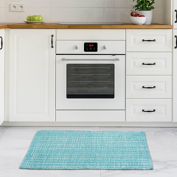 Chardin home Cotton Washable Rug Turquoise and White | 21x34 Bathroom Kitchen entryway | Reversible Handwoven Rug Machine Washable.
