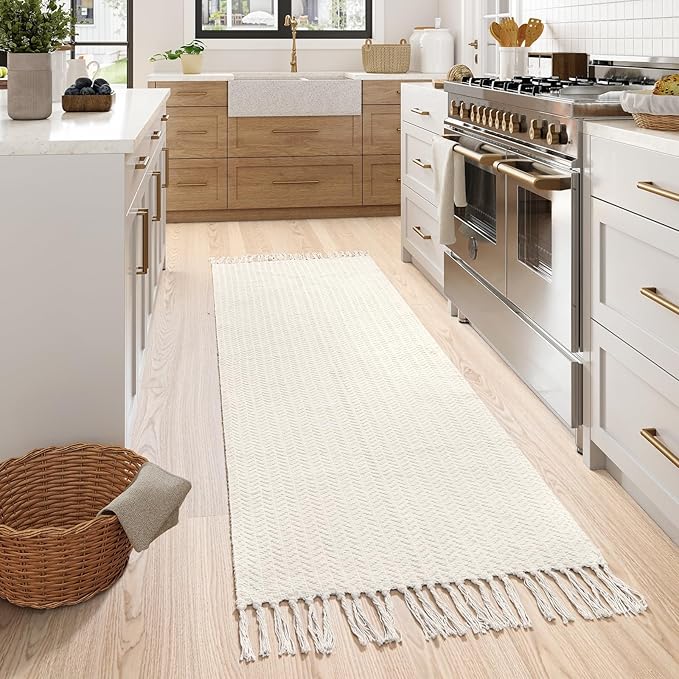 Lahome Belle Boho Kitchen Runner, 2x6 Laundry Room Rug Lightweight Runners for Hallways Washable Runner Rug with Tassels, Farmhouse Cotton Beige Throw Rugs Non Shedding Carpet for Entryway Bathroom