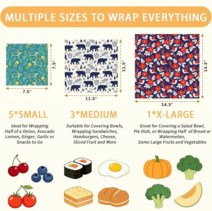 Reusable Beeswax Wrap, 9 Pack Eco-Friendly Wraps For Food, Organic, Sustainable, Zero Waste, Plastic-Free Food Storage, 1XL, 3M, 5S, Birds Bears Turtles Patterns